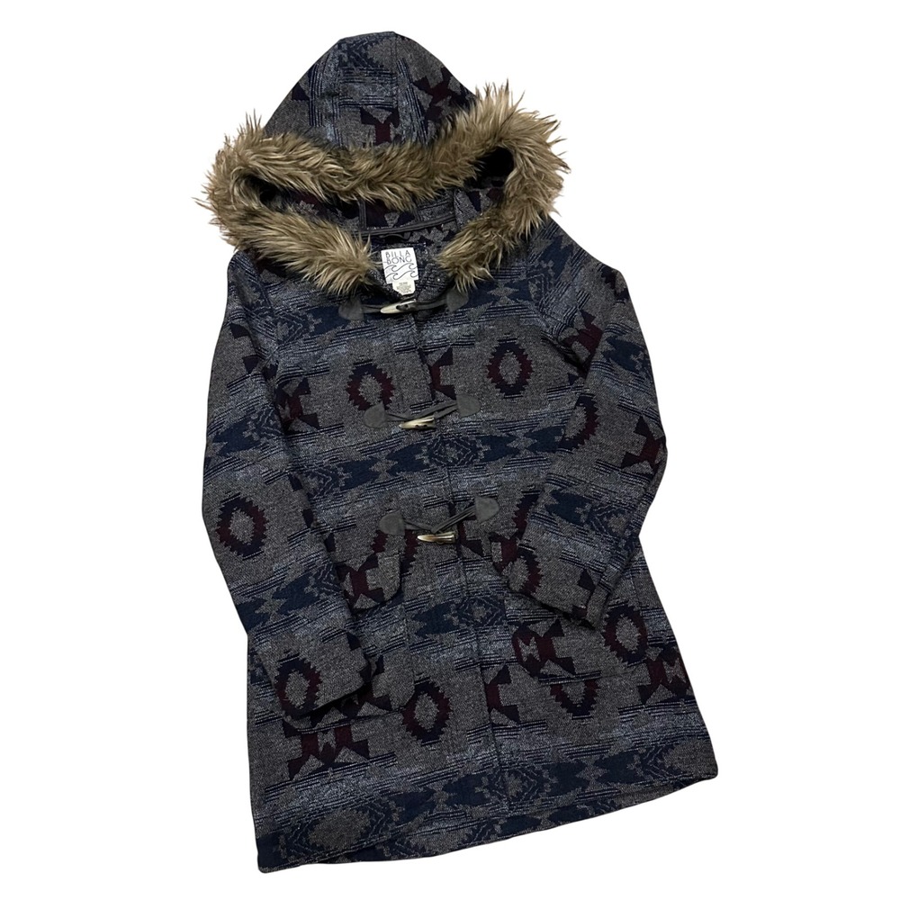 Billabong Womens Southwestern Hooded Toggle Coat Faux Fur Trim Grey M Cute Cozy
